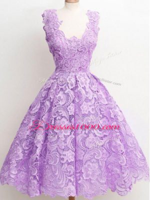 A-line Bridesmaid Dress Lavender Straps Lace Sleeveless Knee Length Zipper