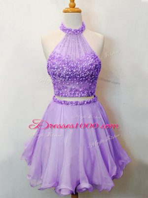 Affordable Lavender Organza Lace Up Halter Top Sleeveless Knee Length Dama Dress Beading