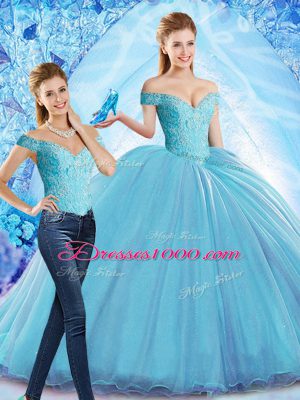 Baby Blue Quinceanera Gown Off The Shoulder Sleeveless Sweep Train Lace Up