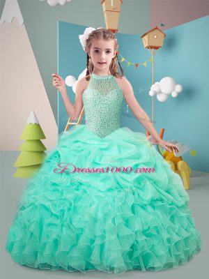 Hot Pink and Apple Green Ball Gowns Organza High-neck Sleeveless Ruffles Floor Length Lace Up Child Pageant Dress