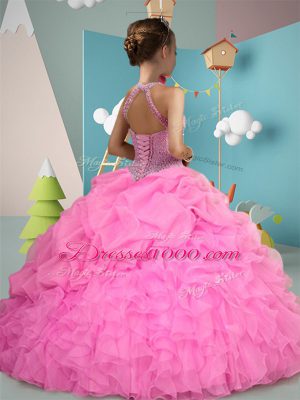 Hot Pink and Apple Green Ball Gowns Organza High-neck Sleeveless Ruffles Floor Length Lace Up Child Pageant Dress