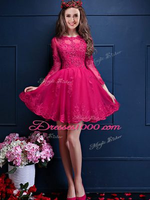 Hot Pink 3 4 Length Sleeve Mini Length Beading and Lace and Appliques Lace Up Bridesmaid Dress
