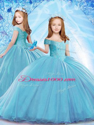 Baby Blue Off The Shoulder Lace Up Beading Little Girls Pageant Dress Wholesale Brush Train Cap Sleeves