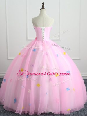 Pink Quinceanera Dress Military Ball and Sweet 16 and Quinceanera with Appliques and Hand Made Flower Strapless Sleeveless Lace Up