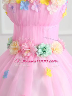Pink Quinceanera Dress Military Ball and Sweet 16 and Quinceanera with Appliques and Hand Made Flower Strapless Sleeveless Lace Up