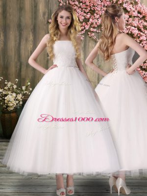 White Organza Lace Up Bridal Gown Sleeveless Ankle Length Embroidery