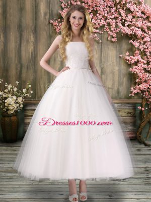 White Organza Lace Up Bridal Gown Sleeveless Ankle Length Embroidery