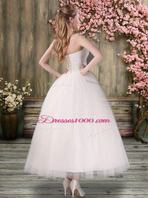 White Organza Lace Up Bridal Gown Sleeveless Ankle Length Embroidery