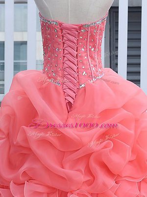 Simple Watermelon Red Ball Gowns Beading and Ruffles and Pick Ups 15 Quinceanera Dress Lace Up Organza Sleeveless Floor Length