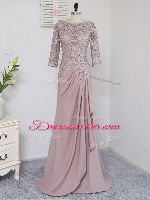 Fancy Pink Ball Gowns Beading and Lace and Appliques Mother of the Bride Dress Zipper Elastic Woven Satin Half Sleeves