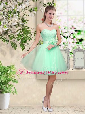 Apple Green V-neck Lace Up Lace and Belt Damas Dress Sleeveless