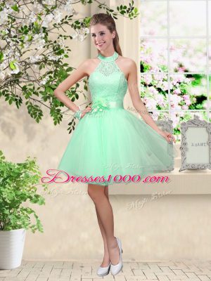 Apple Green V-neck Lace Up Lace and Belt Damas Dress Sleeveless