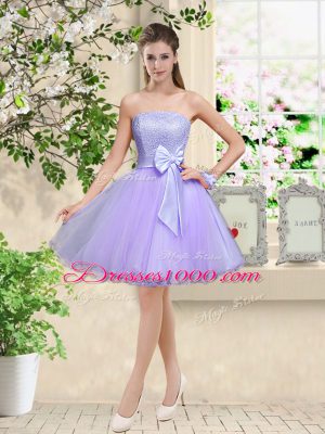 Custom Designed Lilac A-line Organza Off The Shoulder Sleeveless Lace and Belt Knee Length Lace Up Quinceanera Dama Dress