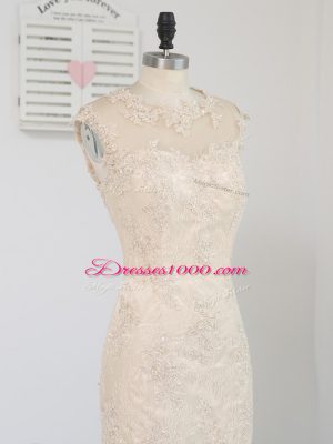 Knee Length Zipper Mother of the Bride Dress Champagne for Prom and Party and Military Ball with Lace and Appliques