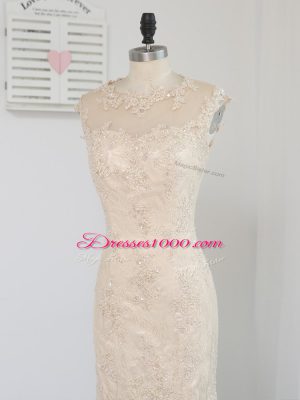 Knee Length Zipper Mother of the Bride Dress Champagne for Prom and Party and Military Ball with Lace and Appliques