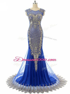 Royal Blue Prom Dress Tulle Sleeveless Beading and Lace and Appliques