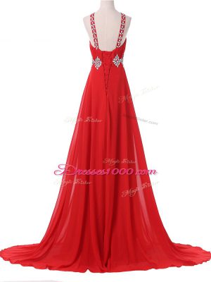 Unique Sleeveless Brush Train Lace Up Beading and Ruching Evening Dresses