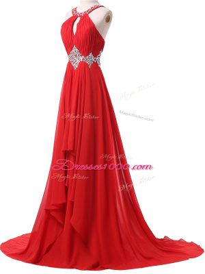 Unique Sleeveless Brush Train Lace Up Beading and Ruching Evening Dresses