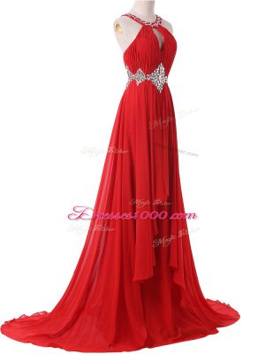 Unique Sleeveless Brush Train Lace Up Beading and Ruching Evening Dresses