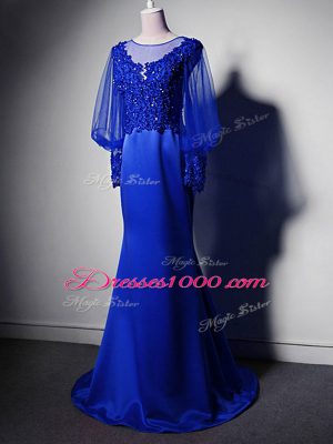 Scoop Long Sleeves Elastic Woven Satin Mother of Groom Dress Beading and Lace and Appliques Brush Train Clasp Handle