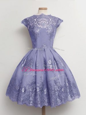 Hot Sale Lavender A-line Scalloped Cap Sleeves Tulle Knee Length Lace Up Lace Wedding Party Dress