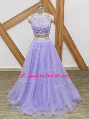 Lavender Scoop Neckline Beading Dress for Prom Sleeveless Side Zipper