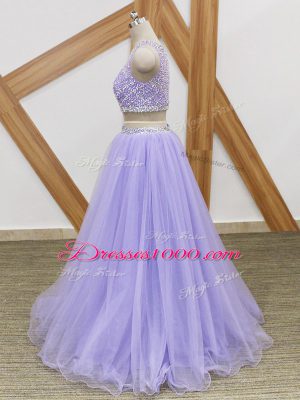 Lavender Scoop Neckline Beading Dress for Prom Sleeveless Side Zipper