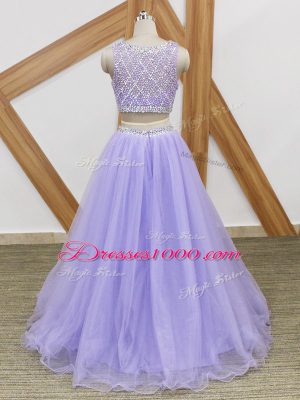 Lavender Scoop Neckline Beading Dress for Prom Sleeveless Side Zipper