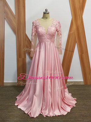 Clearance Baby Pink Mother of Groom Dress Elastic Woven Satin Long Sleeves Beading and Appliques