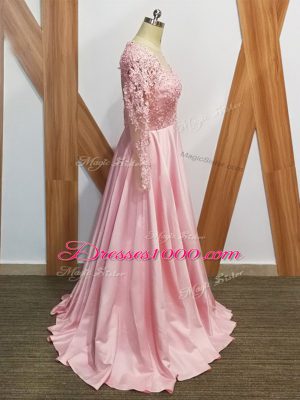 Clearance Baby Pink Mother of Groom Dress Elastic Woven Satin Long Sleeves Beading and Appliques