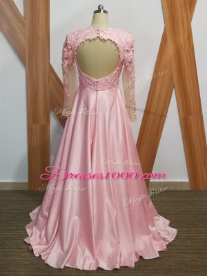 Clearance Baby Pink Mother of Groom Dress Elastic Woven Satin Long Sleeves Beading and Appliques