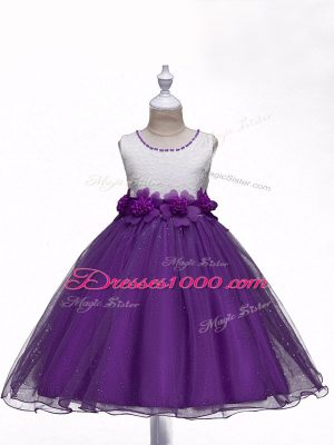 Customized Organza Sleeveless Knee Length Party Dress for Toddlers and Lace and Hand Made Flower