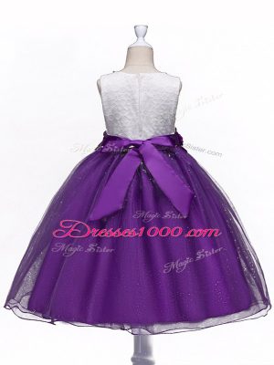 Customized Organza Sleeveless Knee Length Party Dress for Toddlers and Lace and Hand Made Flower