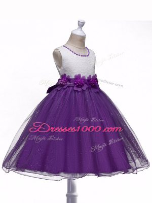 Customized Organza Sleeveless Knee Length Party Dress for Toddlers and Lace and Hand Made Flower