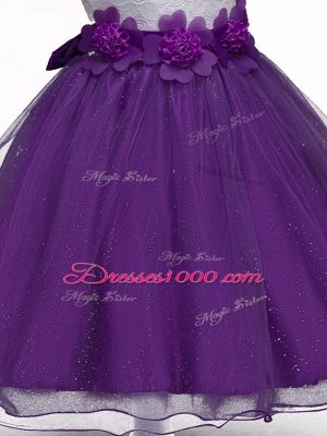 Customized Organza Sleeveless Knee Length Party Dress for Toddlers and Lace and Hand Made Flower