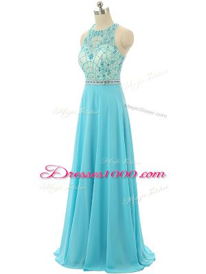 Sleeveless Chiffon Floor Length Zipper Homecoming Dress in Aqua Blue with Beading