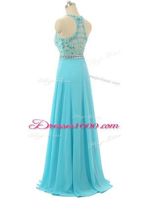 Sleeveless Chiffon Floor Length Zipper Homecoming Dress in Aqua Blue with Beading