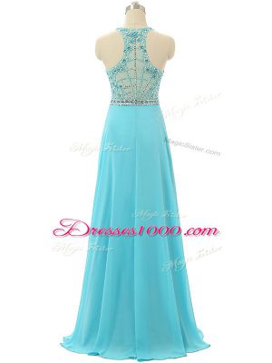 Sleeveless Chiffon Floor Length Zipper Homecoming Dress in Aqua Blue with Beading