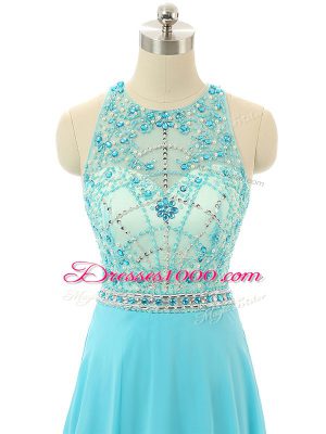 Sleeveless Chiffon Floor Length Zipper Homecoming Dress in Aqua Blue with Beading