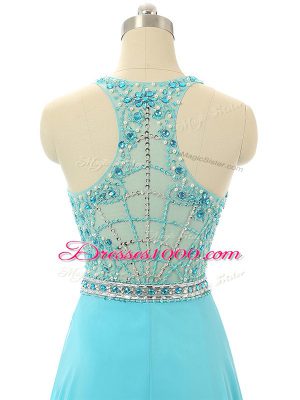 Sleeveless Chiffon Floor Length Zipper Homecoming Dress in Aqua Blue with Beading