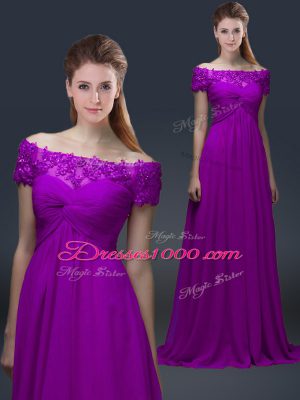 Artistic Empire Mother of Groom Dress Purple Off The Shoulder Chiffon Short Sleeves Floor Length Lace Up