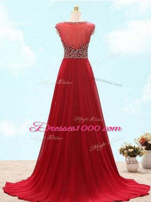 On Sale Wine Red Chiffon Lace Up Scoop Sleeveless Dress Like A Star Brush Train Beading