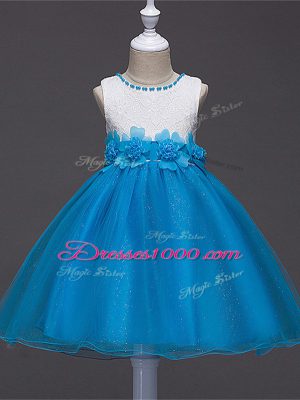 Knee Length Baby Blue Kids Pageant Dress Tulle Sleeveless Lace and Hand Made Flower