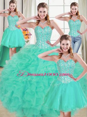 Sophisticated Turquoise Lace Up 15th Birthday Dress Beading and Ruffled Layers Sleeveless Brush Train