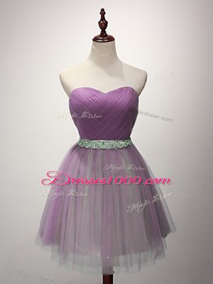 Lilac Tulle Lace Up Bridesmaid Gown Sleeveless Mini Length Ruching