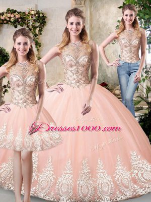 Modern Peach Tulle Backless 15 Quinceanera Dress Sleeveless Floor Length Beading and Lace and Appliques