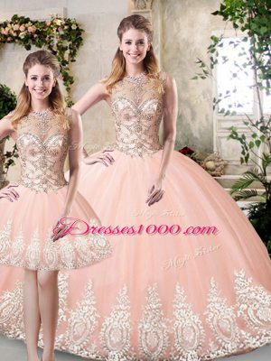 Modern Peach Tulle Backless 15 Quinceanera Dress Sleeveless Floor Length Beading and Lace and Appliques