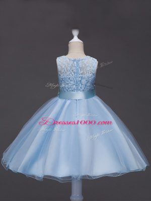 Light Blue Flower Girl Dress Wedding Party with Lace and Belt Scoop Sleeveless Zipper