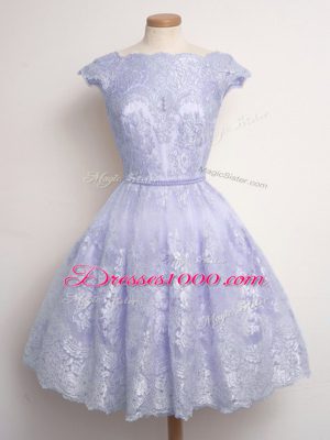 Pretty Lace Bridesmaid Gown Lavender Lace Up Cap Sleeves Knee Length