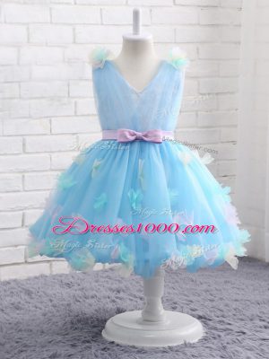 Latest Baby Blue Sleeveless Knee Length Appliques and Hand Made Flower Zipper Kids Pageant Dress